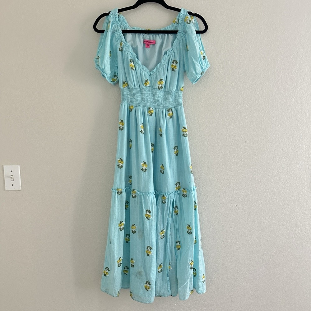 Betsey Johnson Riley Maxi Dress XS Blue Floral Embroidered V-Neck Beachy Boho